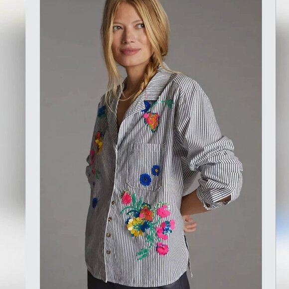 Anthropologie Maeve Floral Sequin Striped Cotton Button-down Shirt - 8 - Picture 3 of 6